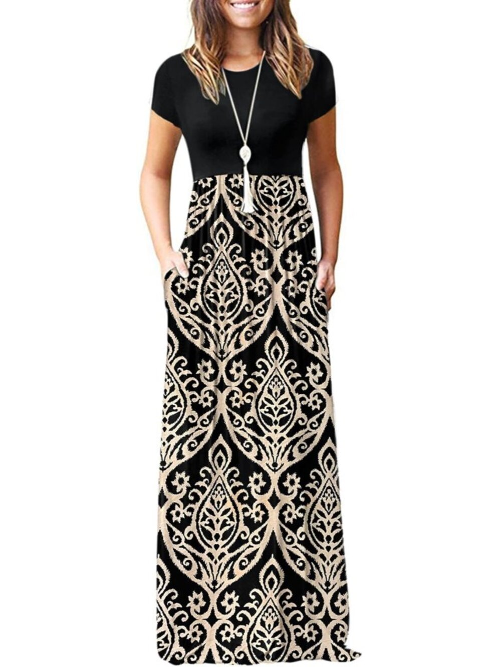 Women's Black Khaki Short Sleeve Loose Plain Maxi Pockets Casual Long Dresses